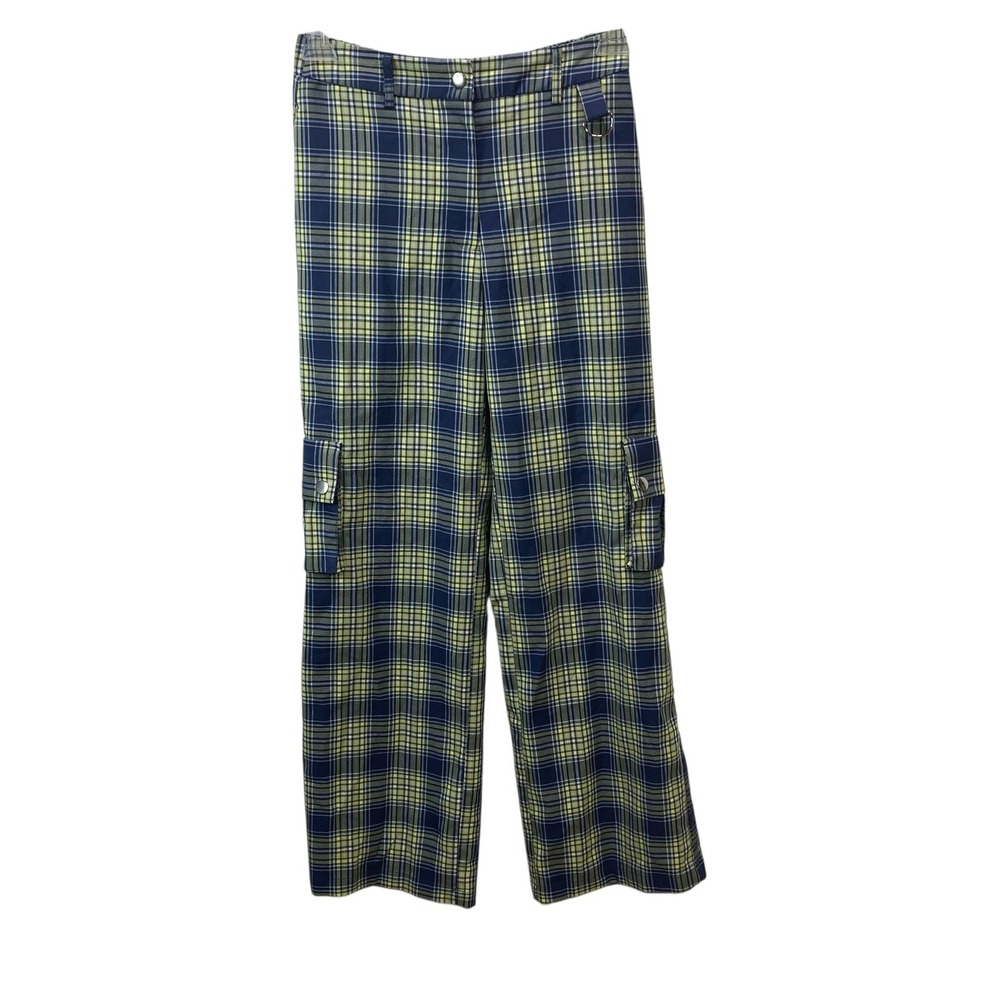 Forever 21 Women's Blue Yellow‎ Plaid Cargo Pants Wide Leg Size Medium